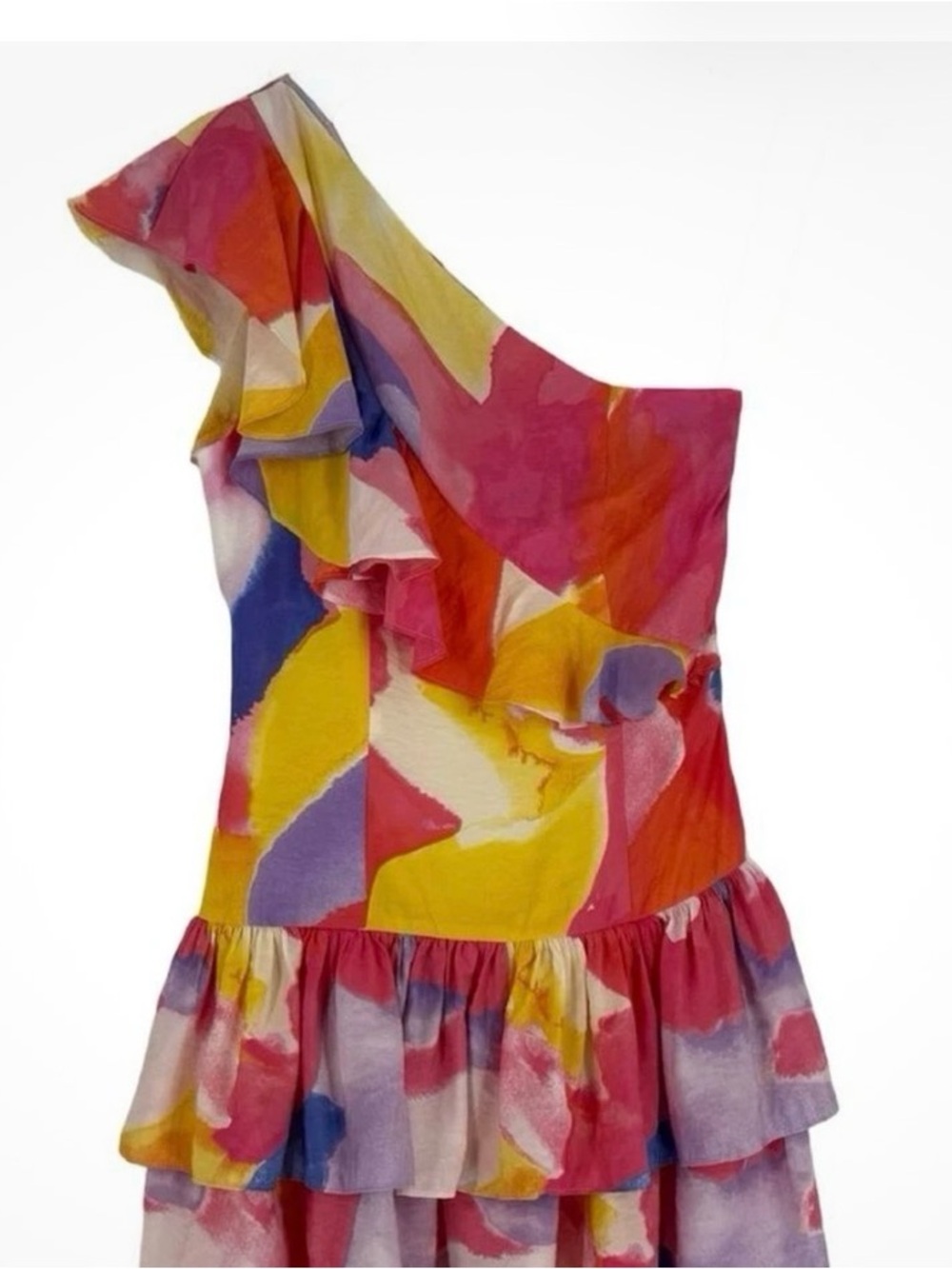 French Connection One-Shoulder Ruffle Dress in Pink, Blue, Yellow, Purple